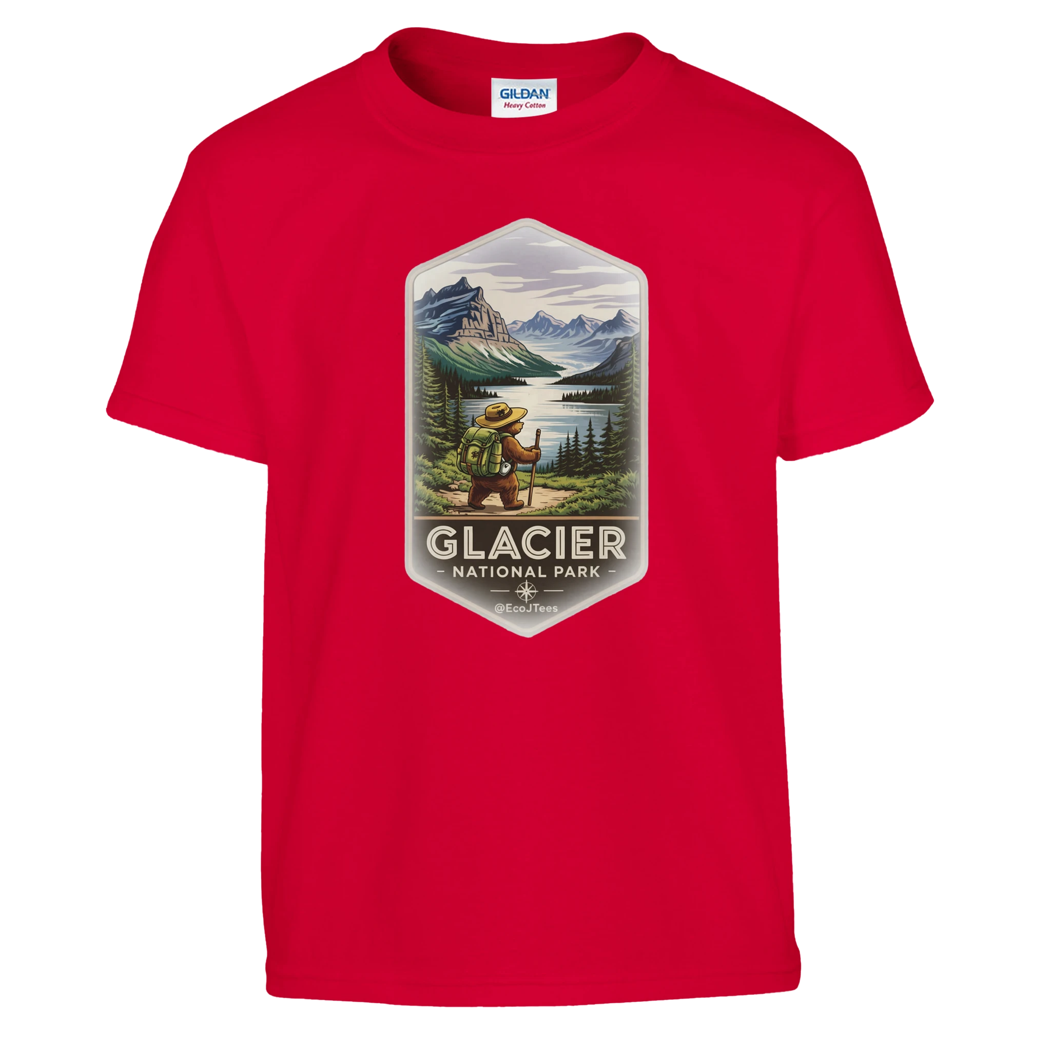 Red youth t-shirt with Glacier National Park graphic on a white background