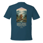 Blue t-shirt with a graphic of a bear and mountain landscape on the Great Smoky Mountains National Park.