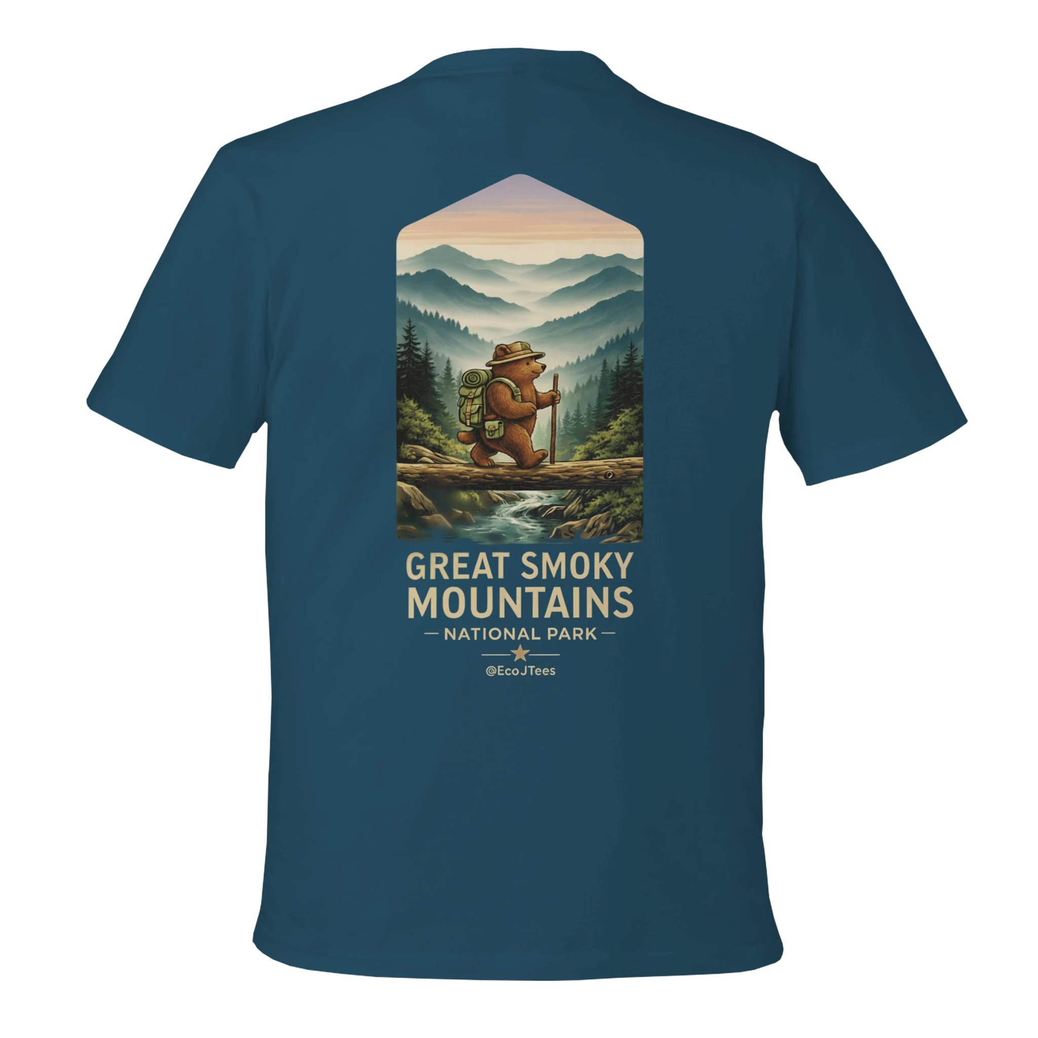 Blue t-shirt with a graphic of a bear and mountain landscape on the Great Smoky Mountains National Park.