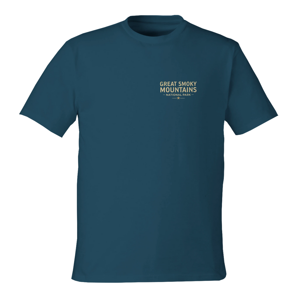 Blue t-shirt with 'Great Smoky Mountains National Park' text on a white background