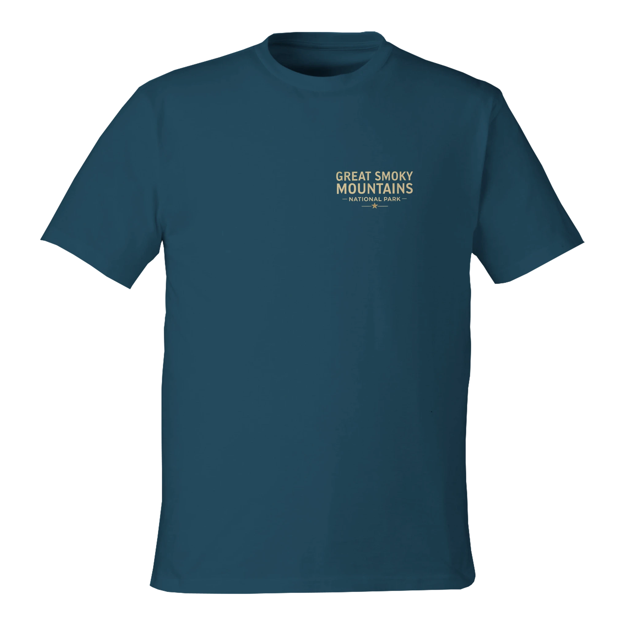Blue t-shirt with 'Great Smoky Mountains National Park' text on a white background