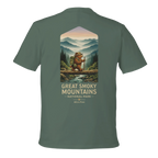 Green t-shirt with a graphic of a hiker and 'Great Smoky Mountains National Park' text on a white background
