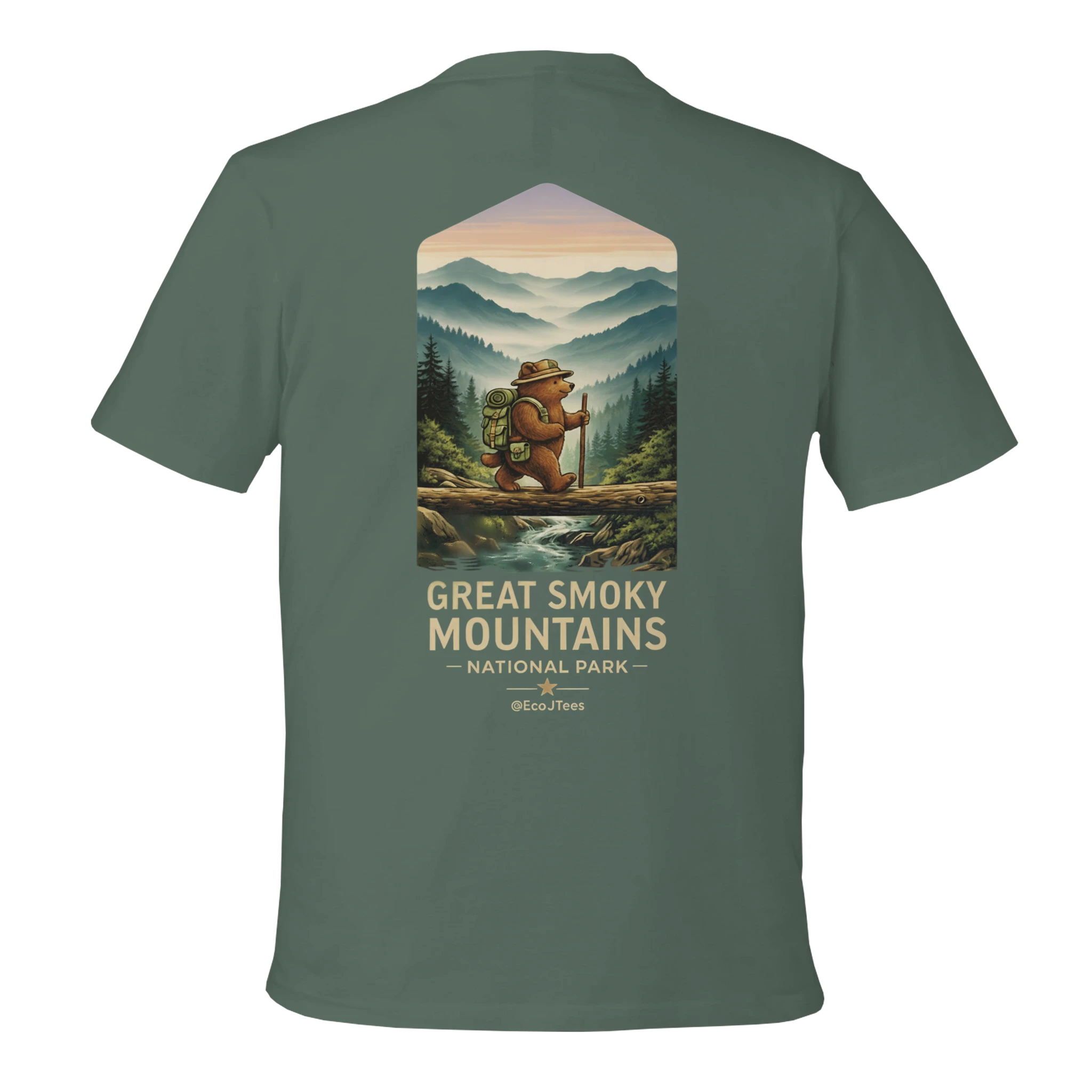 Green t-shirt with a graphic of a hiker and 'Great Smoky Mountains National Park' text on a white background
