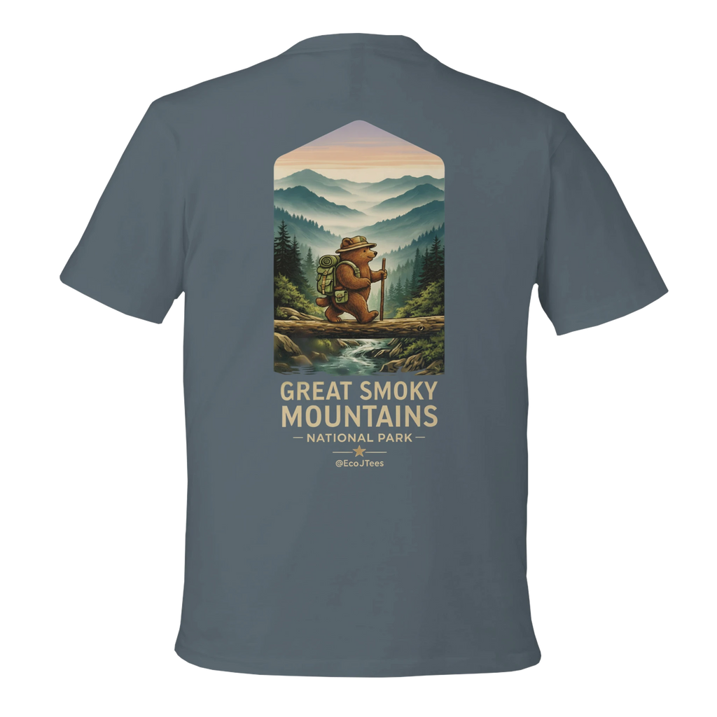 Grey T-shirt with a bear and mountain design on the back, featuring 'Great Smoky Mountains National Park'.