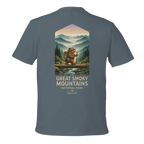 Grey T-shirt with a bear and mountain design on the back, featuring 'Great Smoky Mountains National Park'.