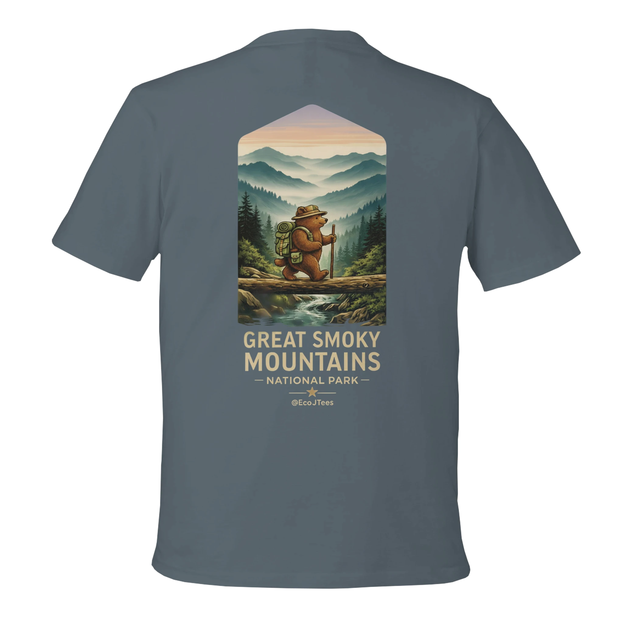Grey T-shirt with a bear and mountain design on the back, featuring 'Great Smoky Mountains National Park'.
