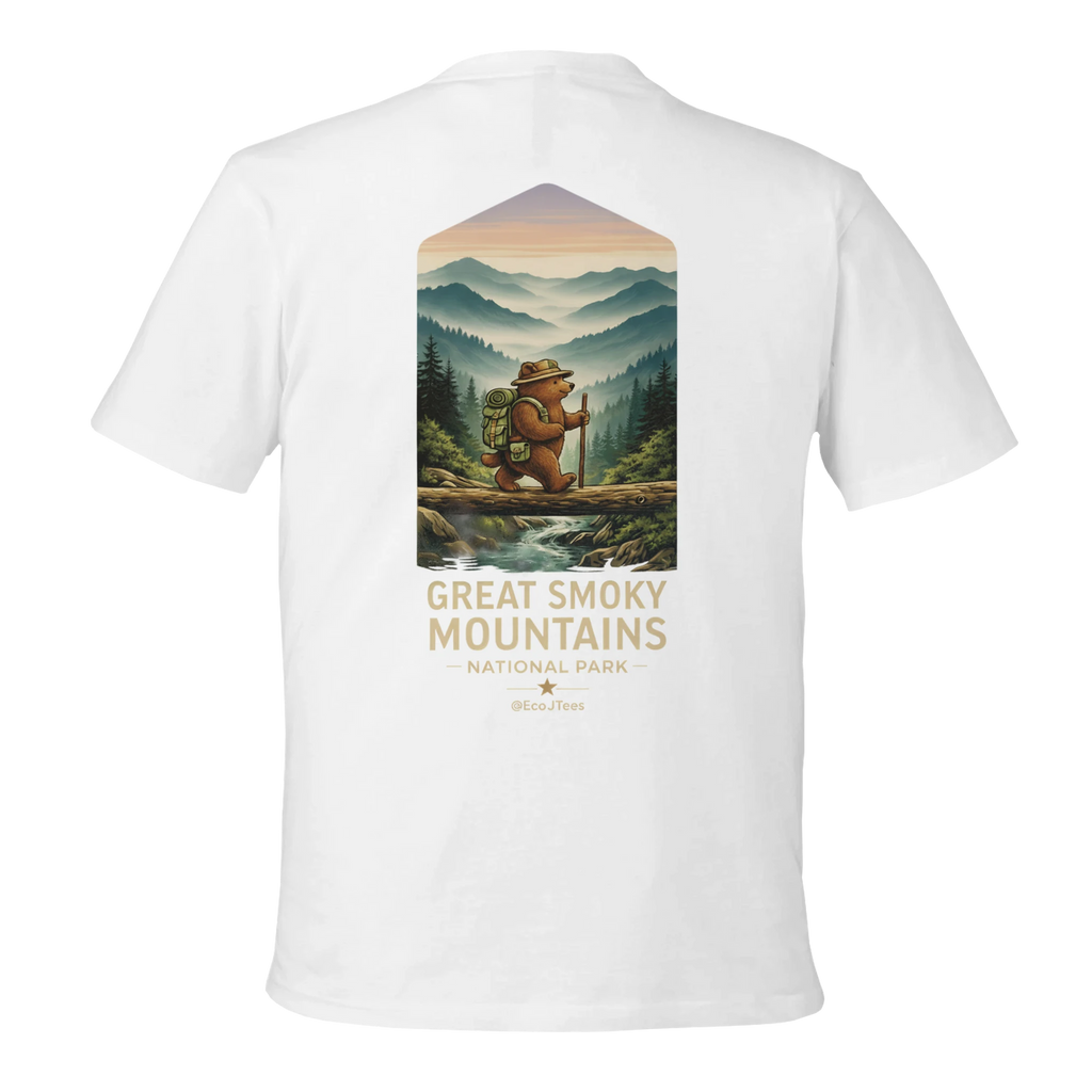 White t-shirt with a graphic of a bear and text about Great Smoky Mountains National Park on a white background