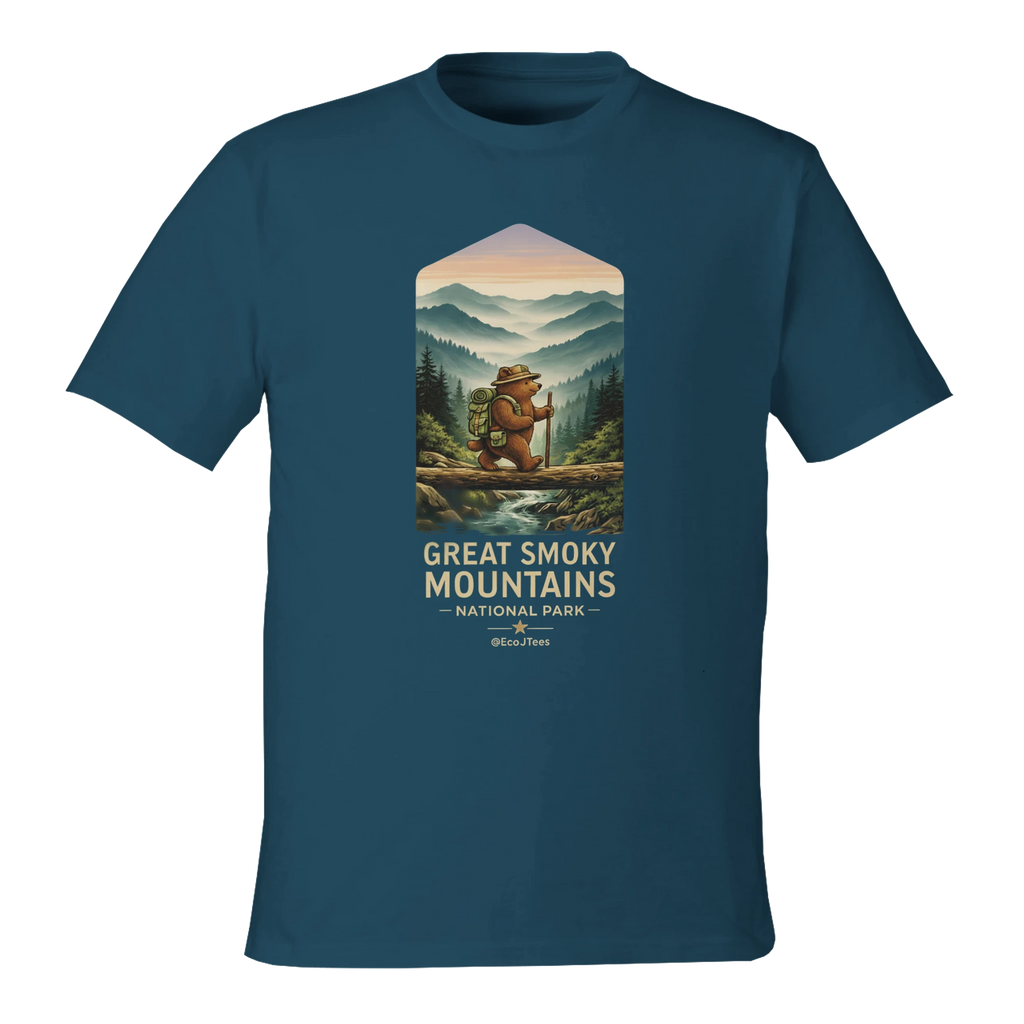 Blue t-shirt with Great Smoky Mountains National Park graphic on a white background