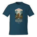 Blue t-shirt with Great Smoky Mountains National Park graphic on a white background