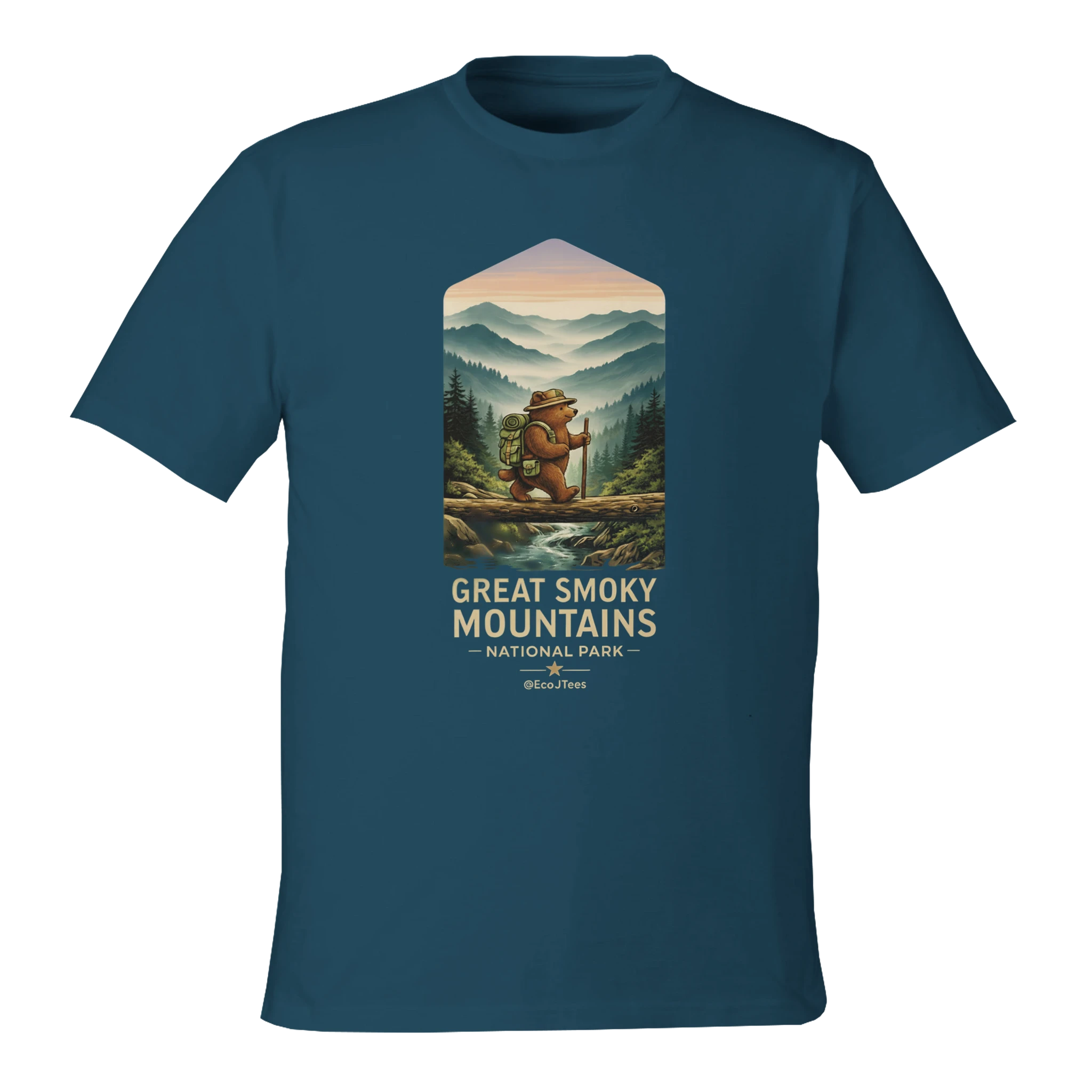 Blue t-shirt with Great Smoky Mountains National Park graphic on a white background
