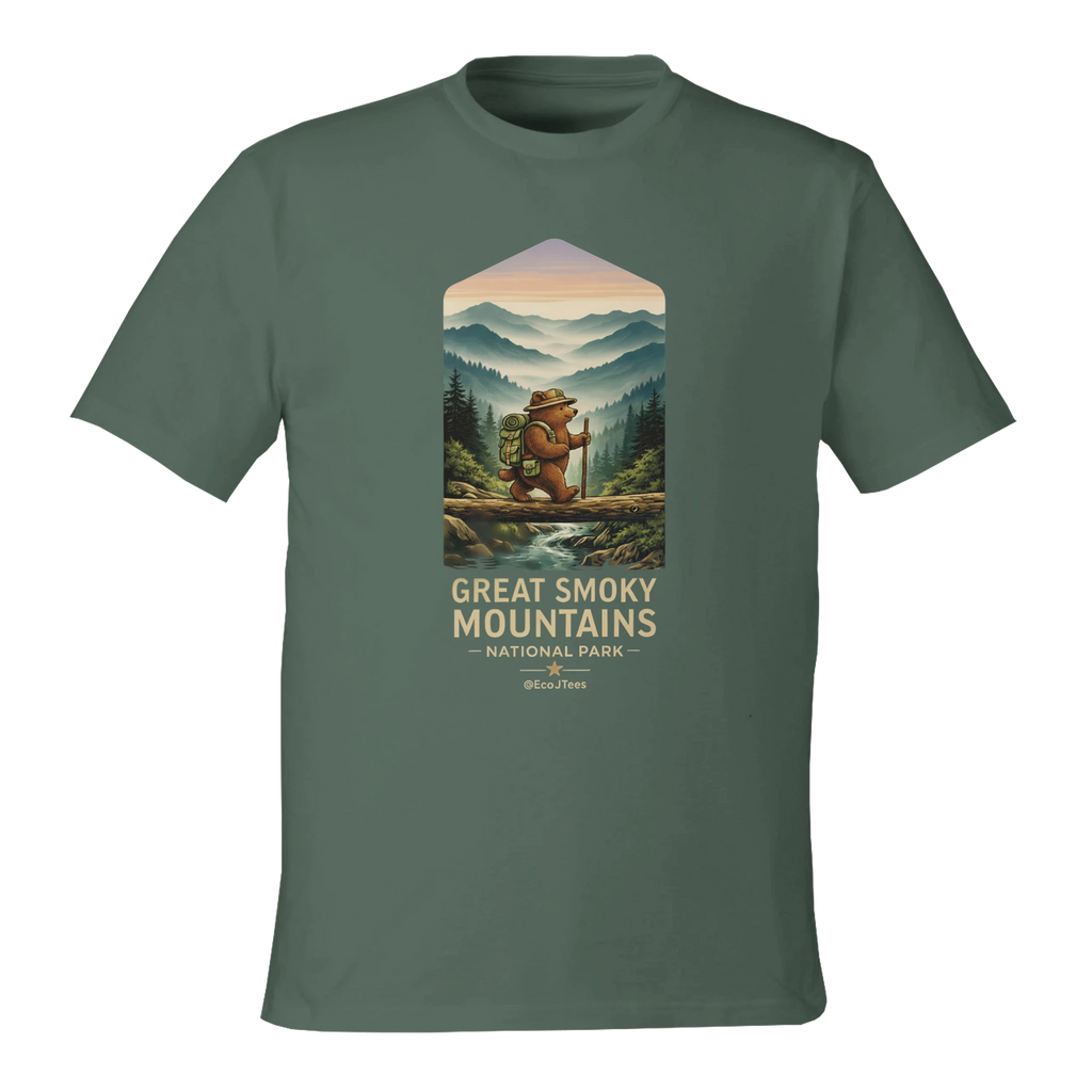 Gray t-shirt with a graphic of a bear and mountain landscape, featuring 'Great Smoky Mountains National Park'.