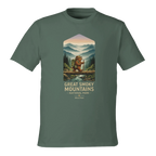 Gray t-shirt with a graphic of a bear and mountain landscape, featuring 'Great Smoky Mountains National Park'.