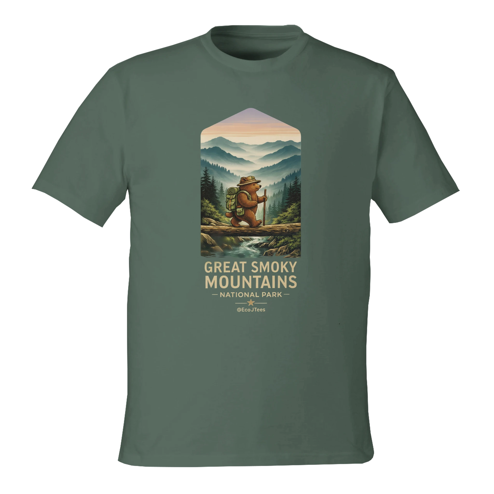 Gray t-shirt with a graphic of a bear and mountain landscape, featuring 'Great Smoky Mountains National Park'.