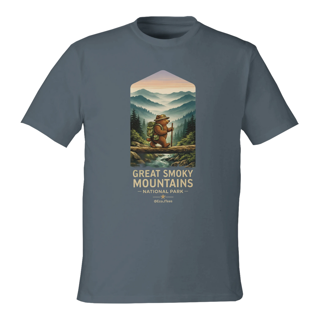 Gray t-shirt with a graphic of a bear and mountain landscape, featuring 'Great Smoky Mountains National Park'.