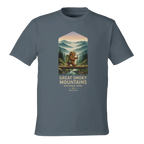 Gray t-shirt with a graphic of a bear and mountain landscape, featuring 'Great Smoky Mountains National Park'.