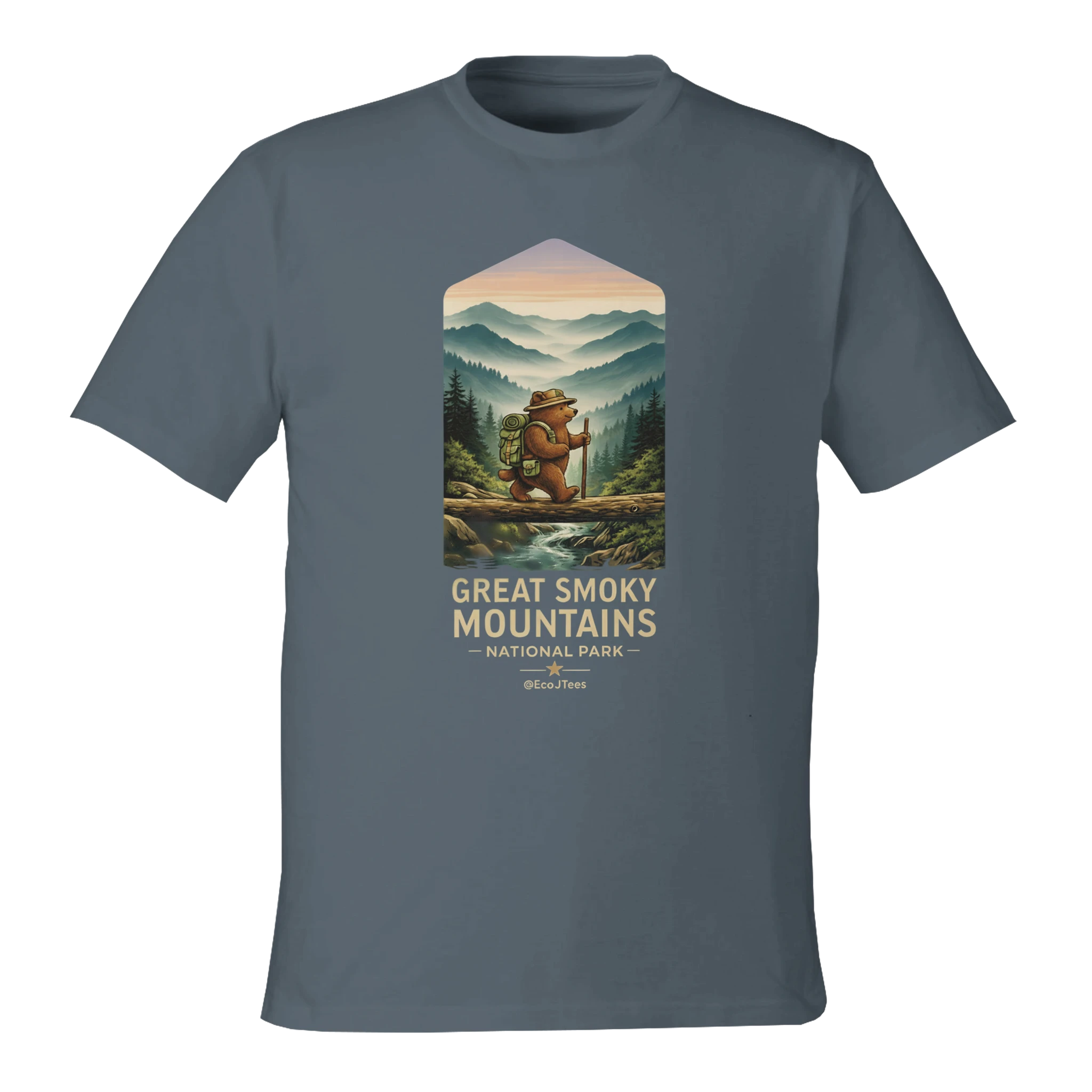 Gray t-shirt with a graphic of a bear and mountain landscape, featuring 'Great Smoky Mountains National Park'.