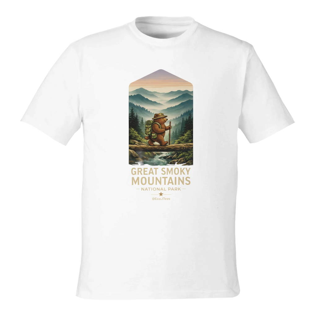 White t-shirt with a graphic of a bear in a forest and 'Great Smoky Mountains National Park' text on a white background