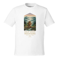 White t-shirt with a graphic of a bear in a forest and 'Great Smoky Mountains National Park' text on a white background