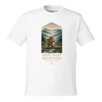 White t-shirt with a graphic of a bear in a forest and 'Great Smoky Mountains National Park' text on a white background