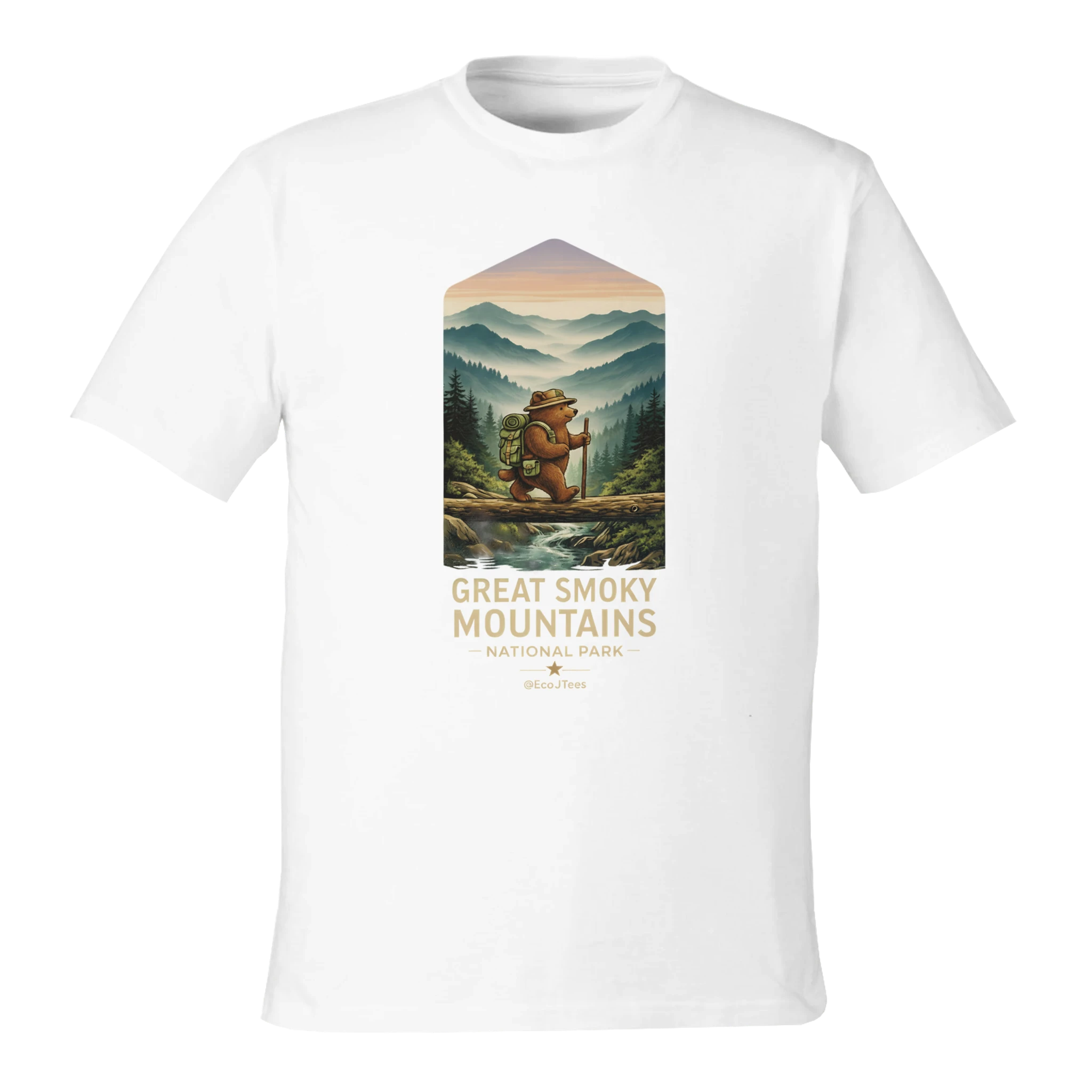 White t-shirt with a graphic of a bear in a forest and 'Great Smoky Mountains National Park' text on a white background