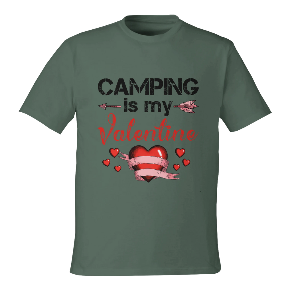 Green t-shirt with 'Camping is my Valentine' text and heart design on a white background