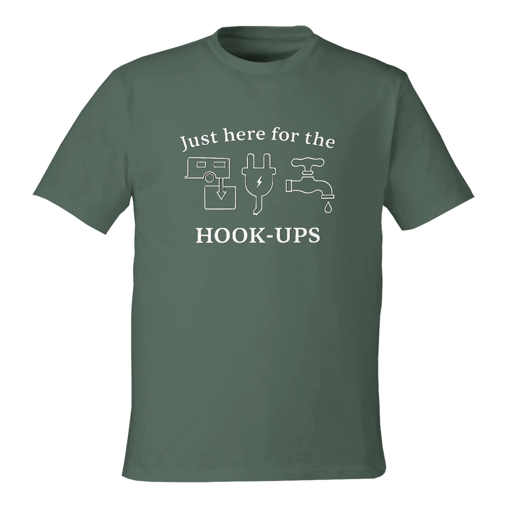 Front view of black eco-friendly t-shirt with RV-themed graphic reading 'Just Here for the HOOK-UPS'