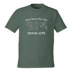 Front view of black eco-friendly t-shirt with RV-themed graphic reading 'Just Here for the HOOK-UPS'