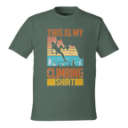 Green t-shirt with climbing graphic and text on a white background