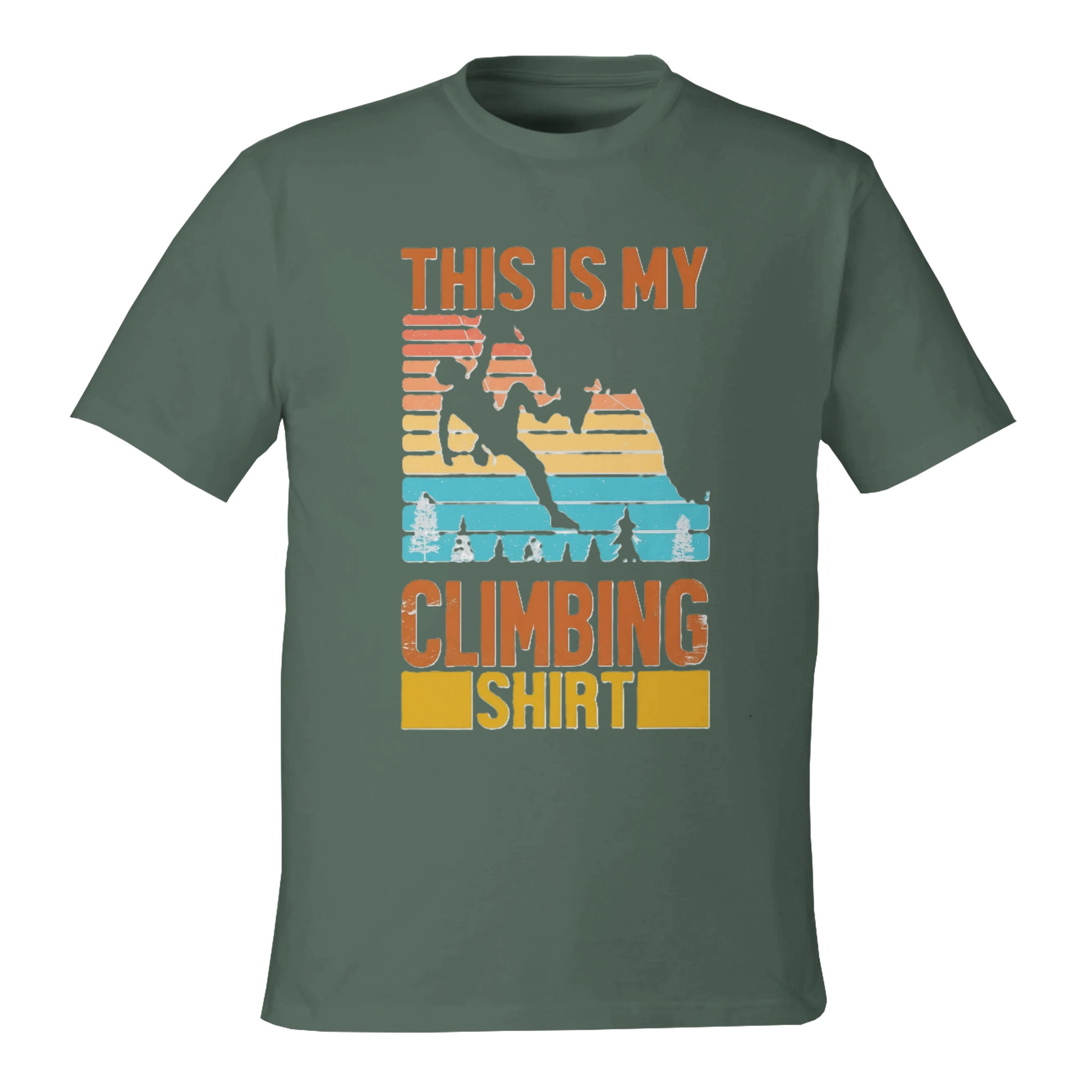 Green t-shirt with climbing graphic and text on a white background