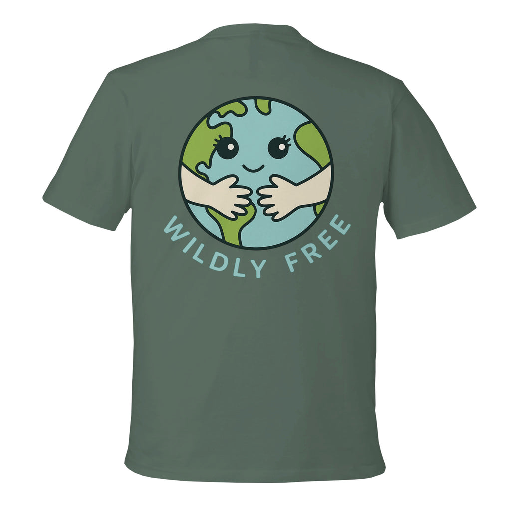 Green t-shirt with a graphic of a planet Earth being held by two hands and the text 'WILDLY FREE' on a white background.