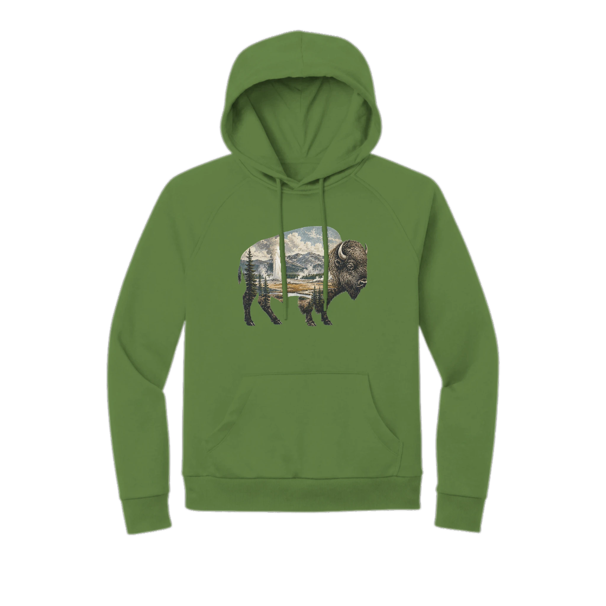 Bison silhouette filled with a Yellowstone-inspired geyser, evergreen forest, open wilderness, and mountain landscape printed on a green organic fleece pullover hoodie.