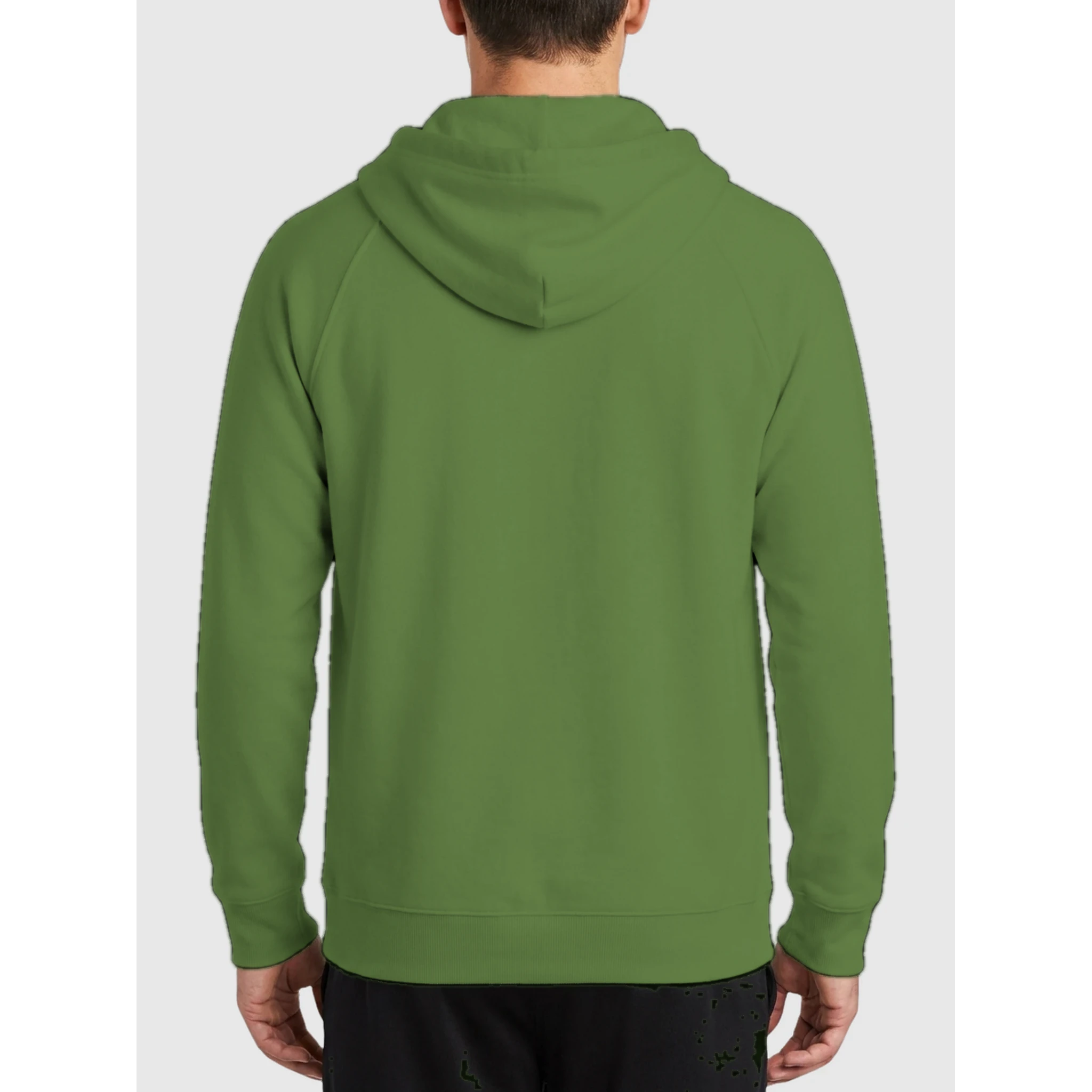 Back of a person a green organic fleece pullover hoodie.