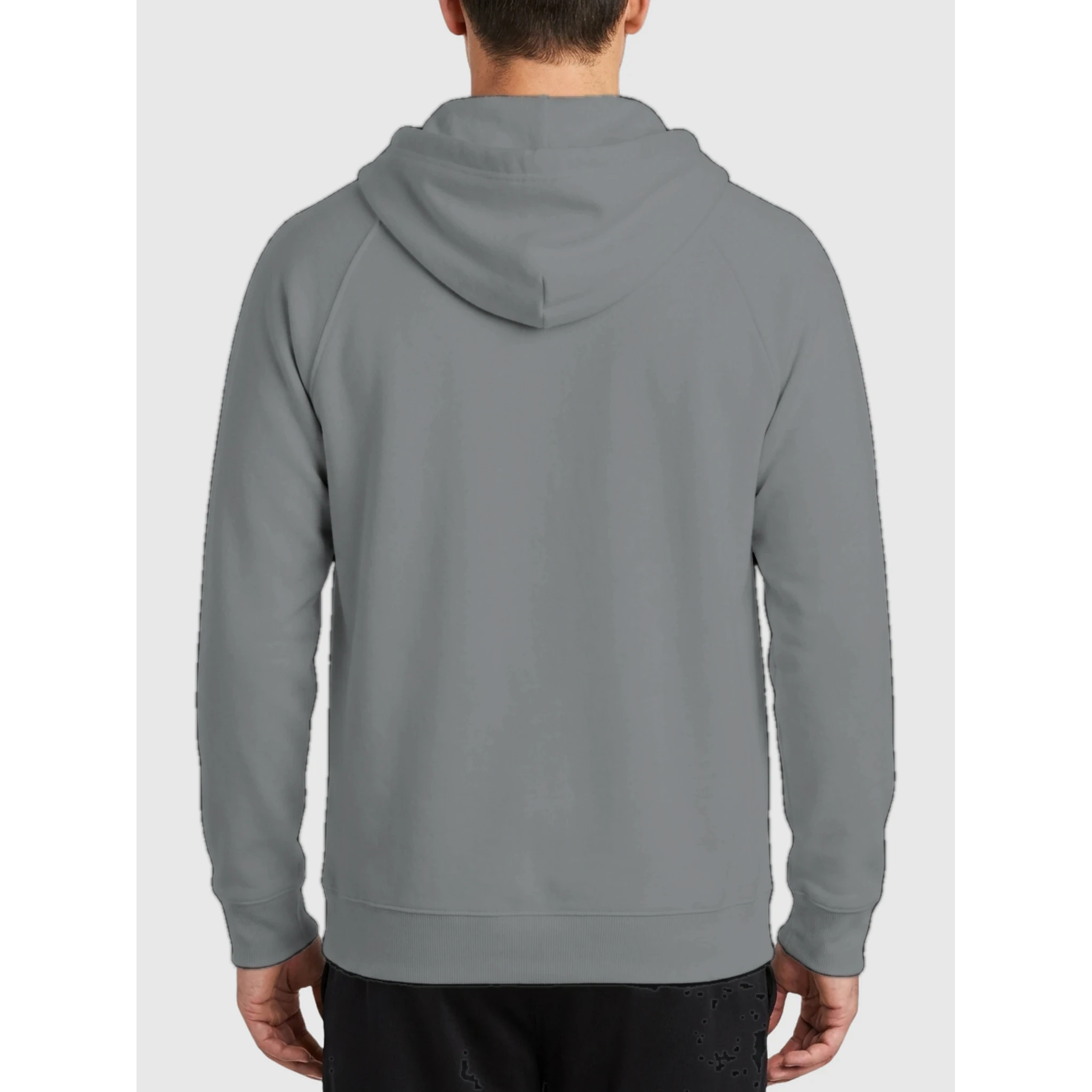 Back of a gray organic fleece pullover hoodie.