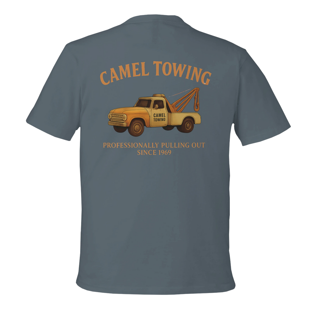 Gray t-shirt with a graphic of a yellow towing truck and text on the back, on a white background.