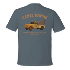 Gray t-shirt with a graphic of a yellow towing truck and text on the back, on a white background.