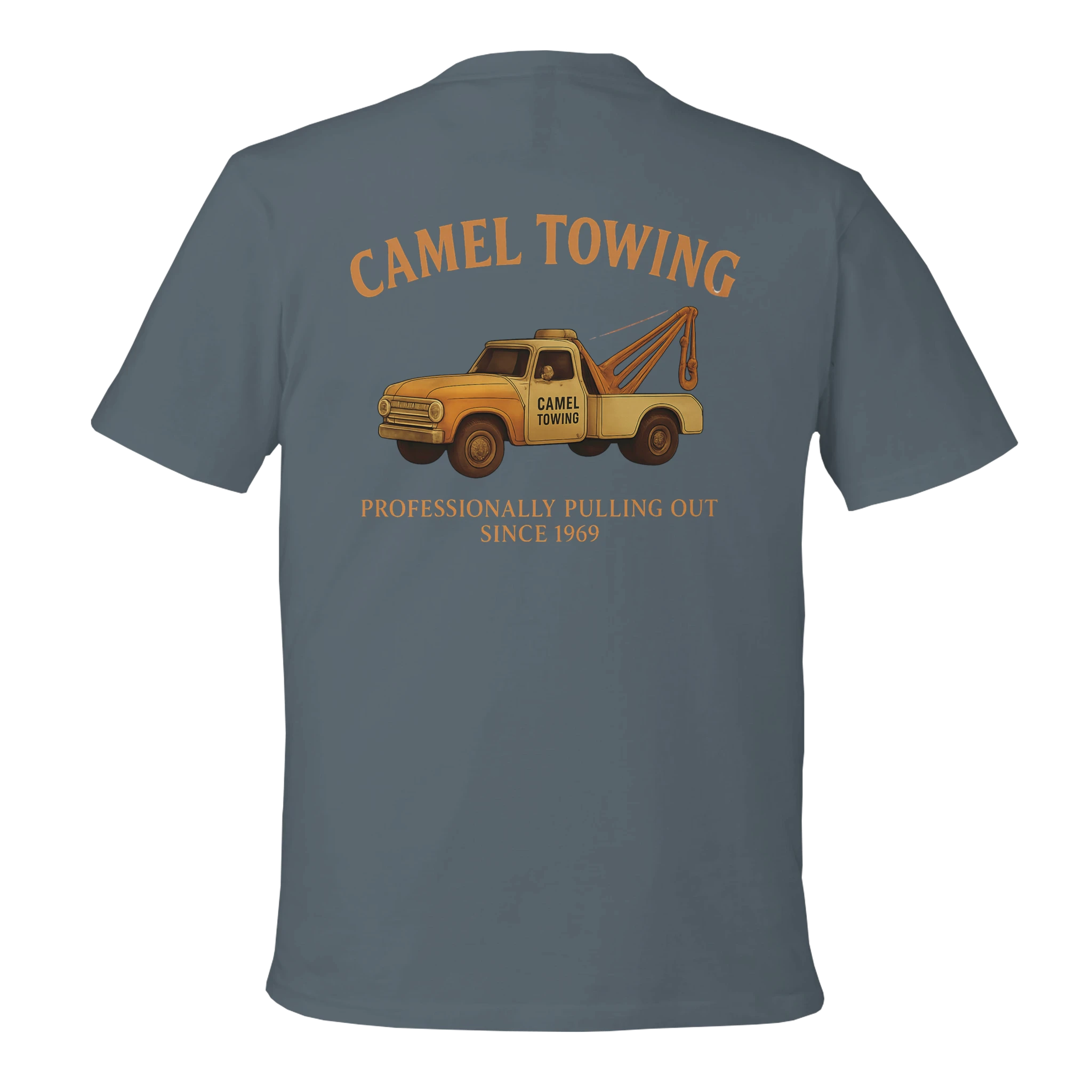 Gray t-shirt with a graphic of a yellow towing truck and text on the back, on a white background.