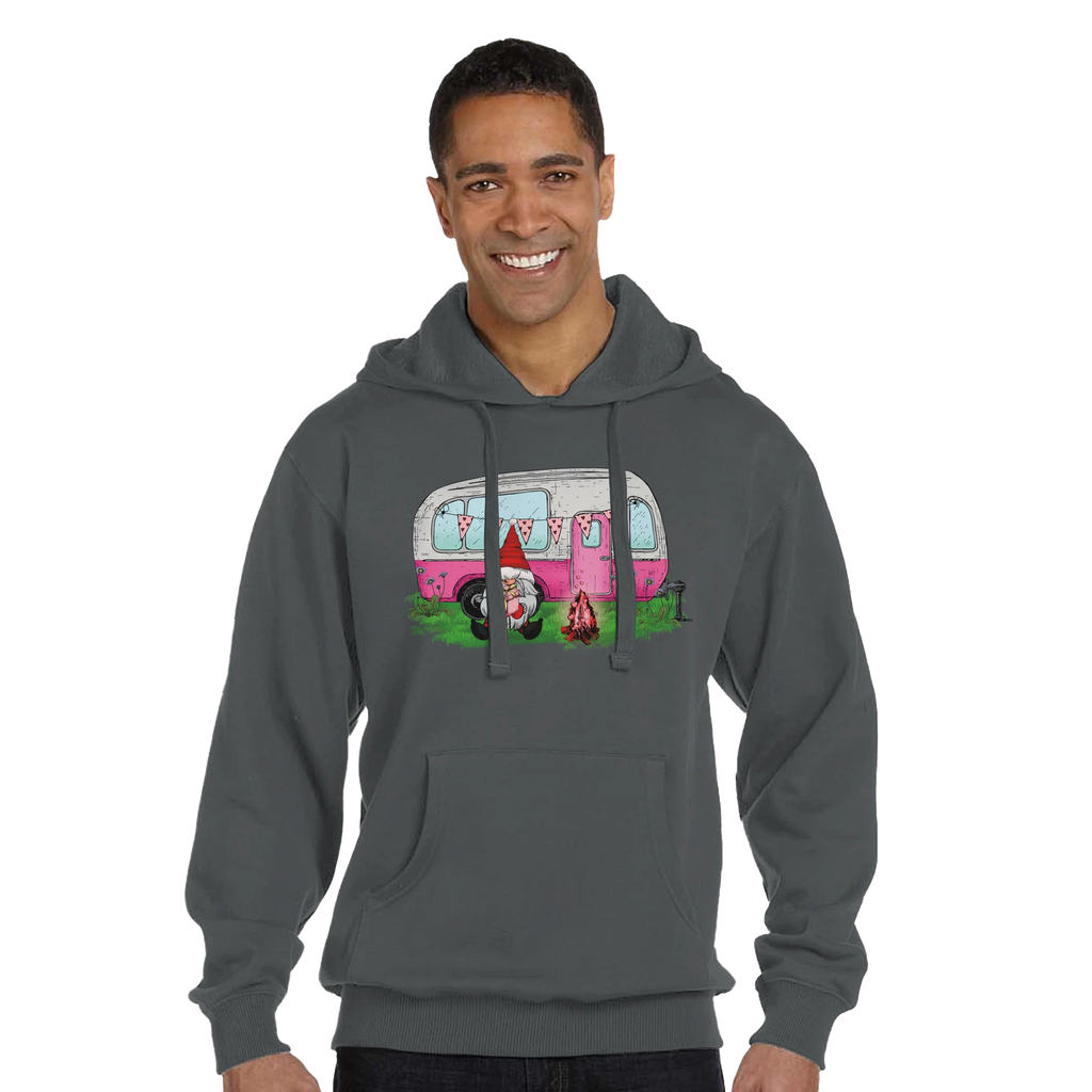 Man wearing a gray hoodie with a graphic design of a pink camper van and gnome on a white background