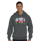 Man wearing a gray hoodie with a graphic design of a pink camper van and gnome on a white background