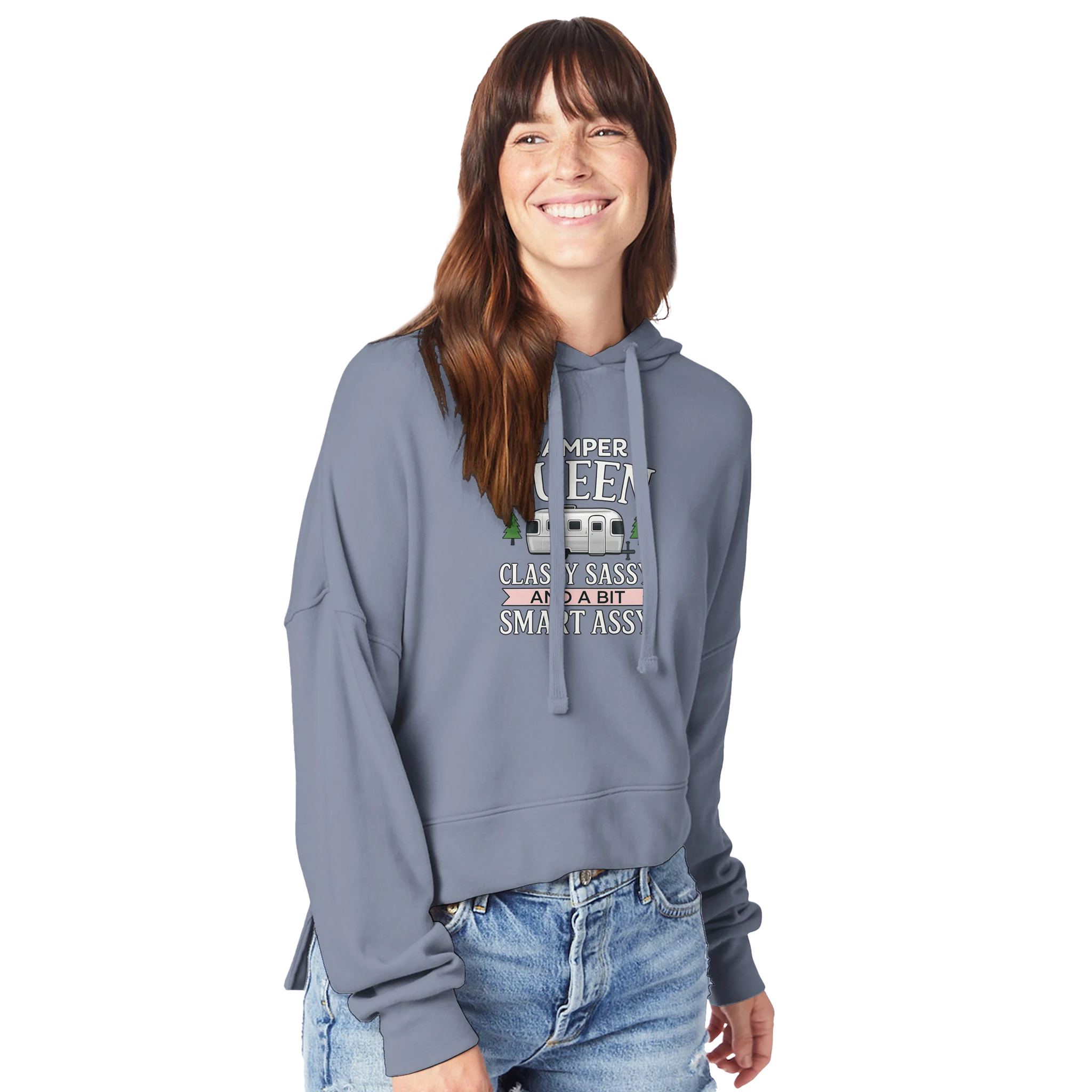 Woman wearing a gray hoodie with Camper Queen text and graphics on a white background