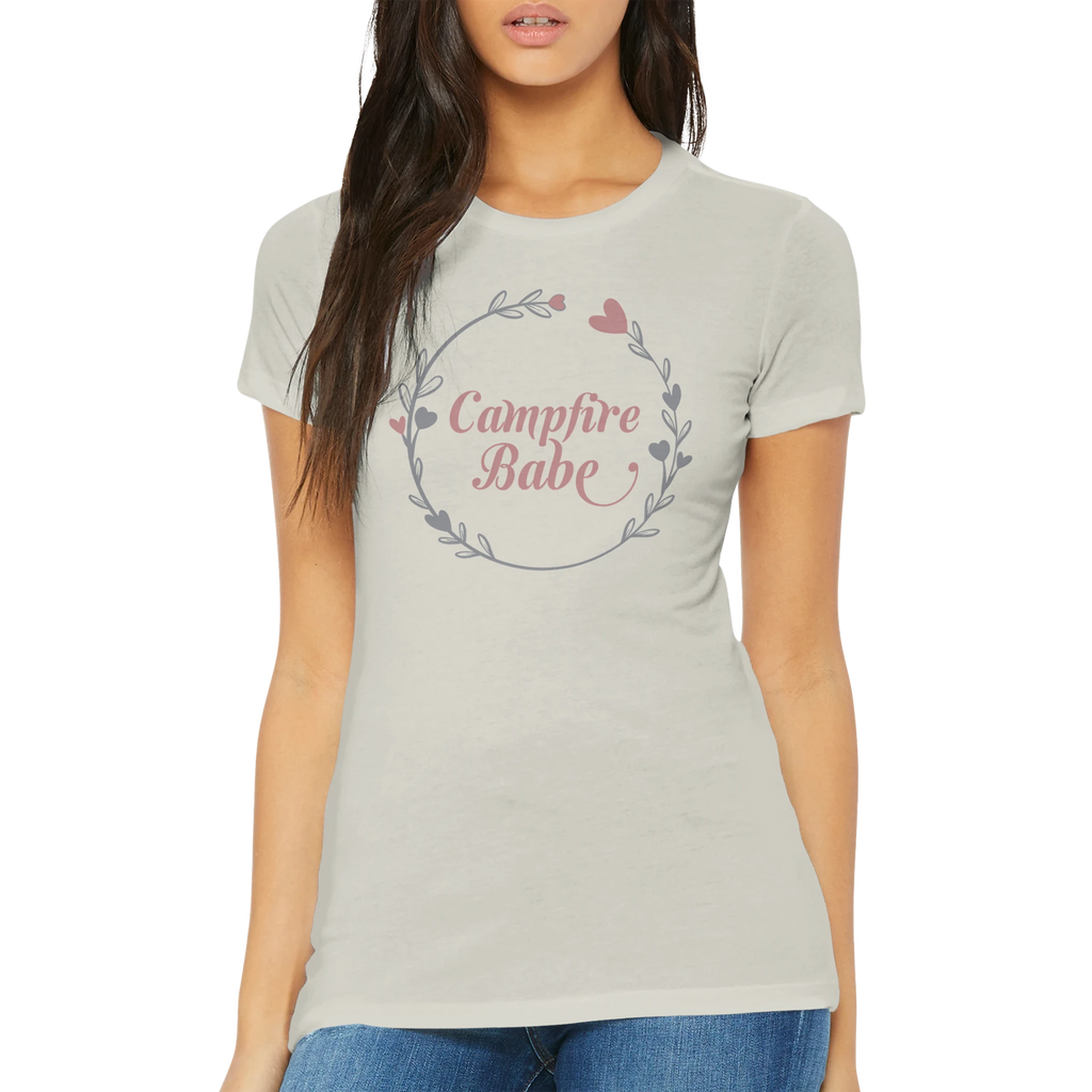Woman wearing a light gray t-shirt with 'Campfire Babe' design on a white background