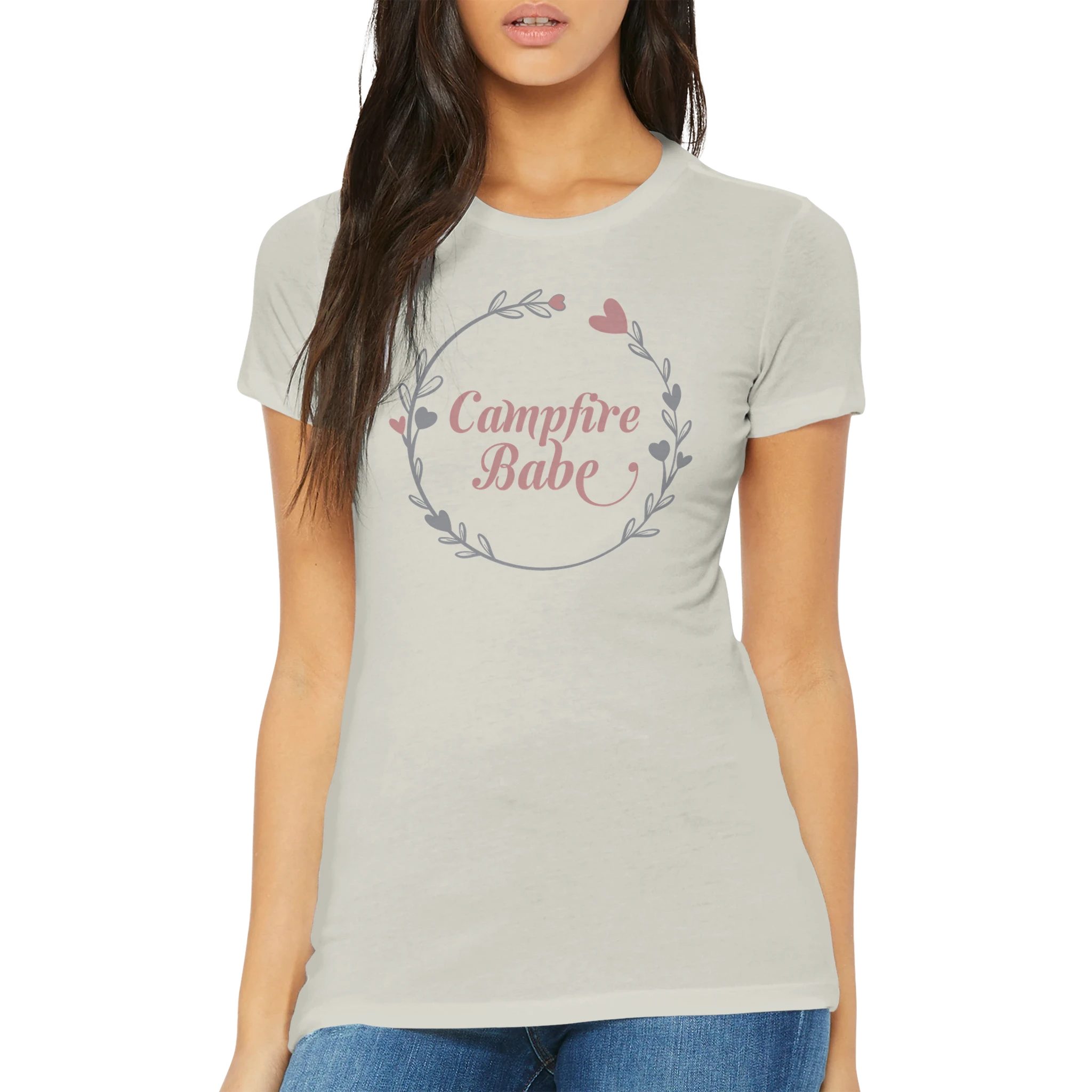 Woman wearing a light gray t-shirt with 'Campfire Babe' design on a white background