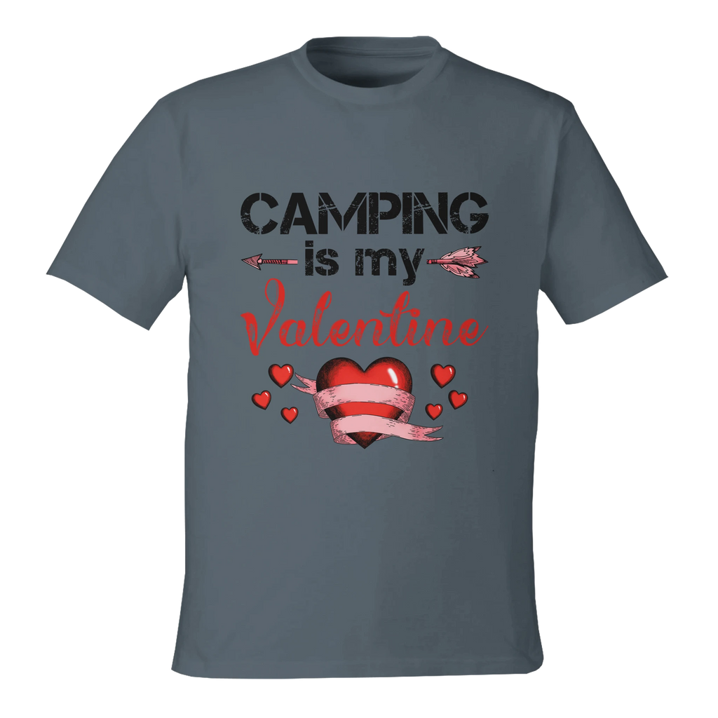 Gray t-shirt with 'Camping is my Valentine' text and heart design on a white background