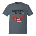 Gray t-shirt with 'Camping is my Valentine' text and heart design on a white background