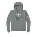 Sea turtle silhouette filled with a Dry Tortugas-inspired coral reef, ocean, tropical island, and marine life scene printed on a grey organic fleece hoodie.