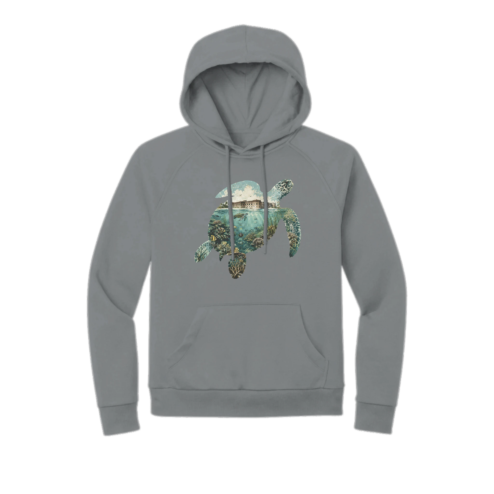 Sea turtle silhouette filled with a Dry Tortugas-inspired coral reef, ocean, tropical island, and marine life scene printed on a grey organic fleece hoodie.