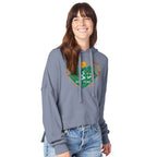 Woman wearing a gray hoodie with a colorful graphic design on a white background