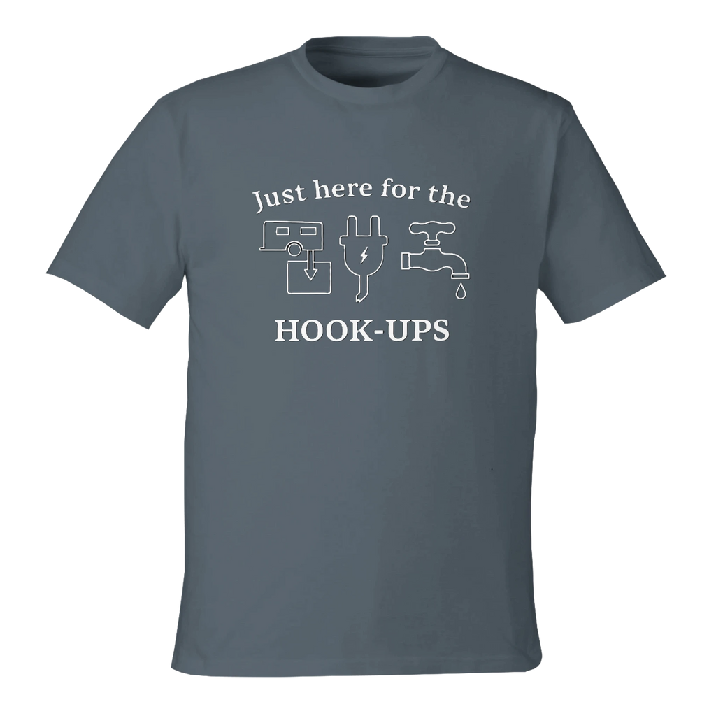 Front view of Grey eco-friendly t-shirt with RV-themed graphic reading 'Just Here for the HOOK-UPS'