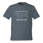 Front view of Grey eco-friendly t-shirt with RV-themed graphic reading 'Just Here for the HOOK-UPS'