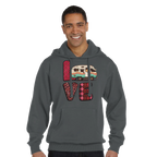 Man wearing a gray hoodie with 'LOVE' design from the Love Collection featuring a camper, on a white background
