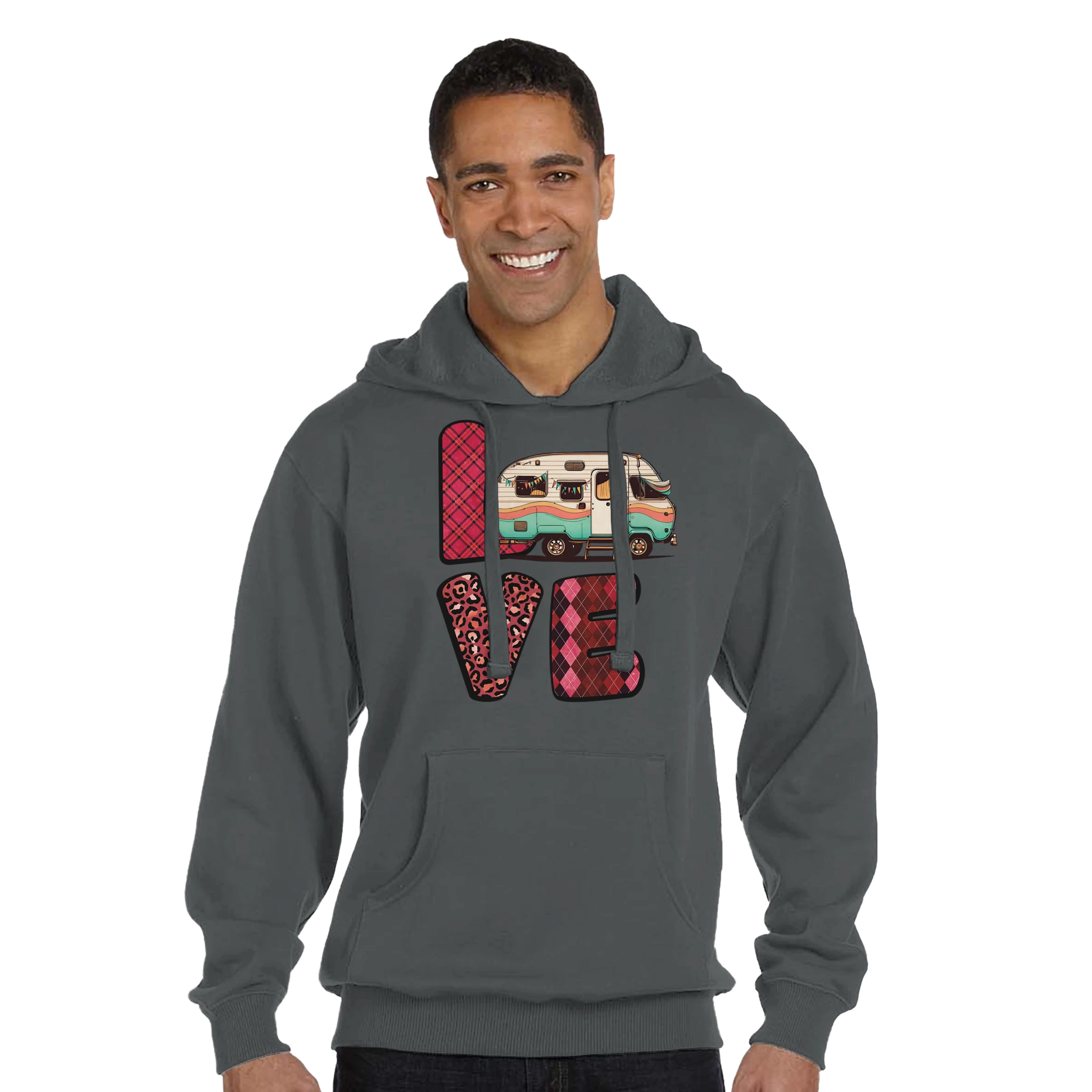 Man wearing a gray hoodie with 'LOVE' design from the Love Collection featuring a camper, on a white background